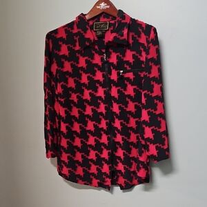 Diane Gilman Red and Black Houndstooth Silk  Blouse Zip up